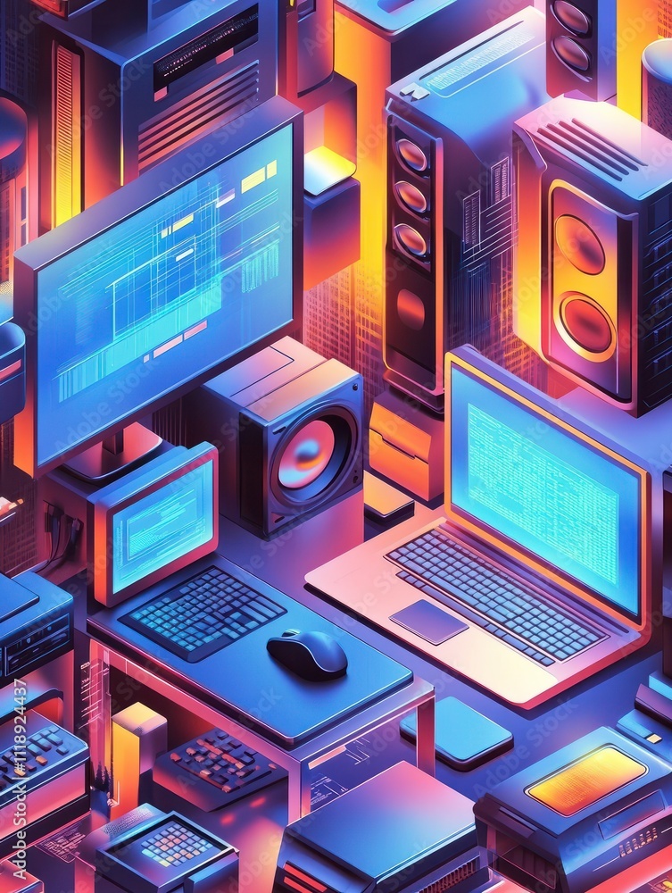 Poster computers and software abstract concept vector illustration set. computer lab, system administration