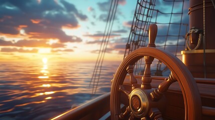 Steering Wheel at Sunset for Navigation and Travel Concepts.