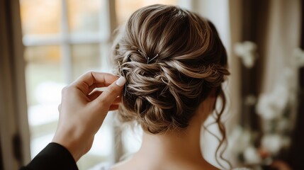 Fototapeta premium A stylist puts the finishing touches on a woman's updo hairstyle.