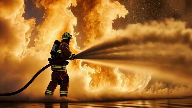 A firefighter uses a water hose to combat fierce flames during a training exercise designed for emergency response preparation. The scene shows intense fire and smoke.
