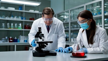 Science laboratory team working diligently with advanced equipment, conducting experiments in a research environment.

