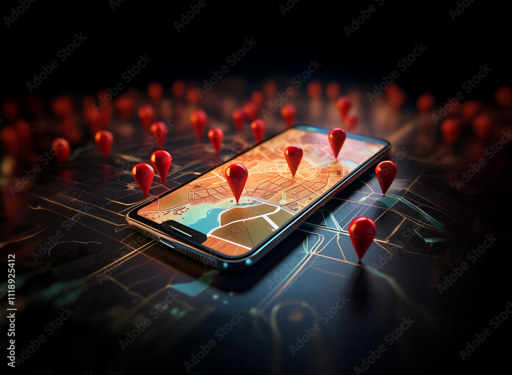 Poster a smartphone displays a digital map with numerous red location markers scattered around it, suggesti