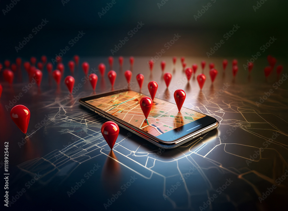Poster a smartphone displays a map with numerous red location markers, symbolizing gps navigation and globa