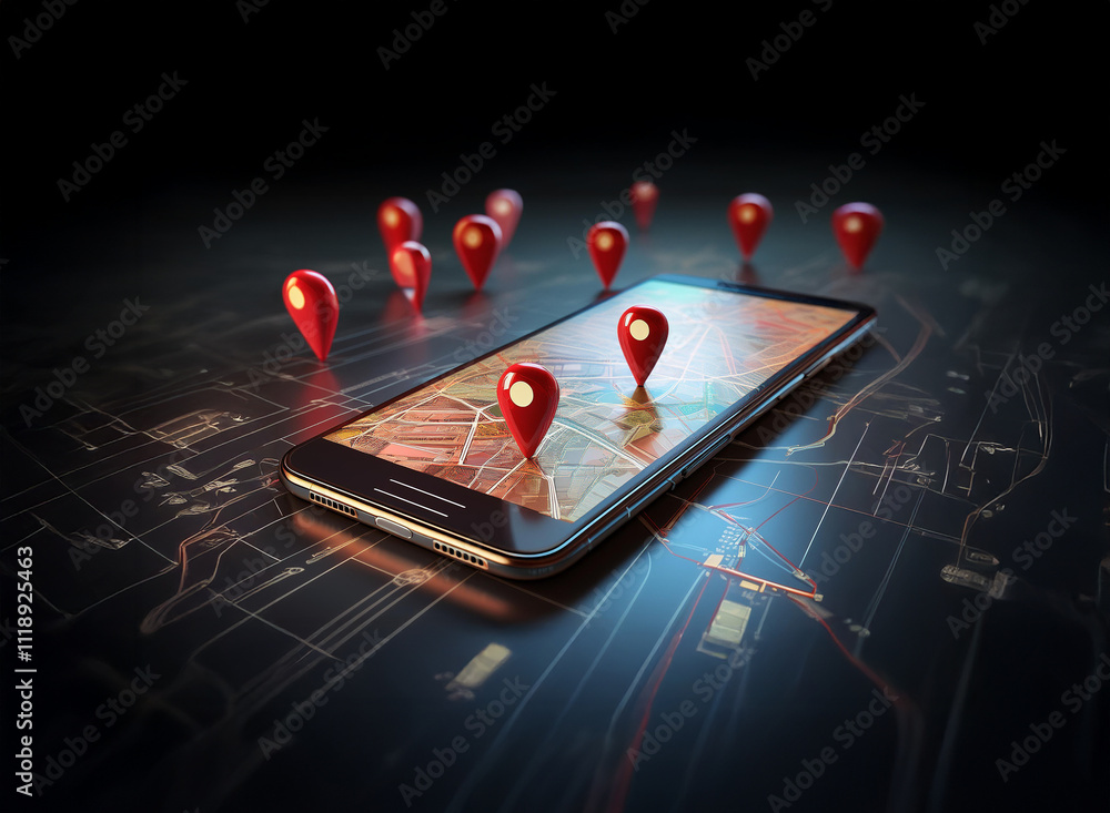 Poster a smartphone displays a digital map with several red location markers, both on the screen and surrou