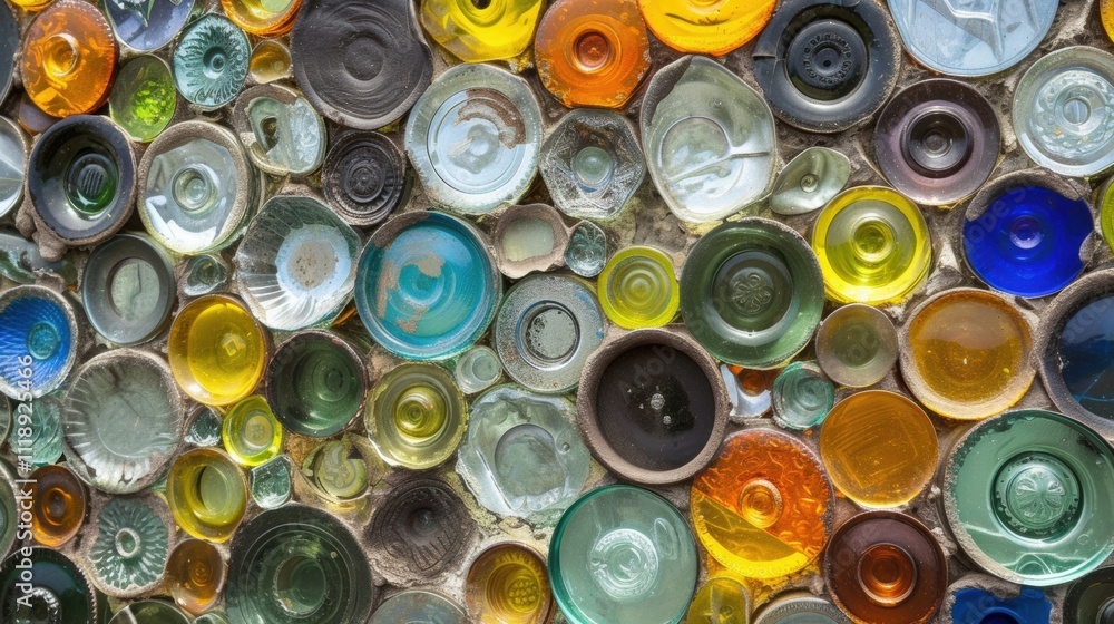 Aufkleber numerous colorful glass bottle bottoms are embedded in a wall, creating a unique and visually appeal