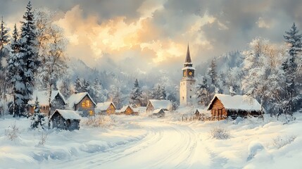 A watercolor painting of a winter village scene, capturing a serene atmosphere