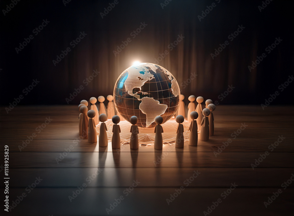 Poster a glowing earth rests at the center of a circle of wooden figures, symbolizing global unity and conn