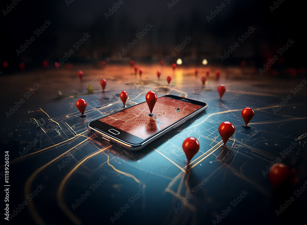 Poster a smartphone rests on a detailed map, surrounded by numerous red location pins, suggesting navigatio