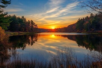 A serene sunset over a calm lake surrounded by trees.
