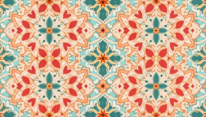 Mediterranean Geometric Floral Pattern in Peach and Teal for Decorative Design