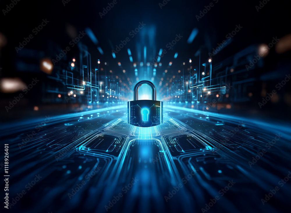 Aufkleber a glowing blue padlock sits at the center of a digital highway, symbolizing cybersecurity and data p