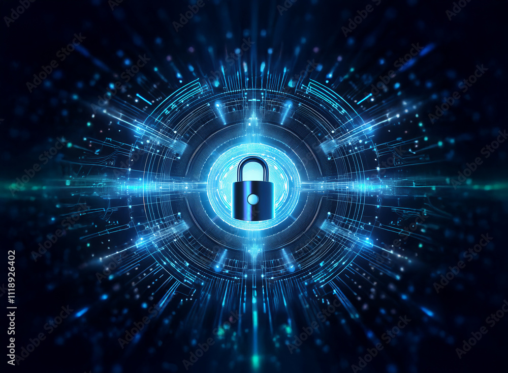 Poster a glowing blue padlock sits at the center of a circular, technological interface. digital data strea