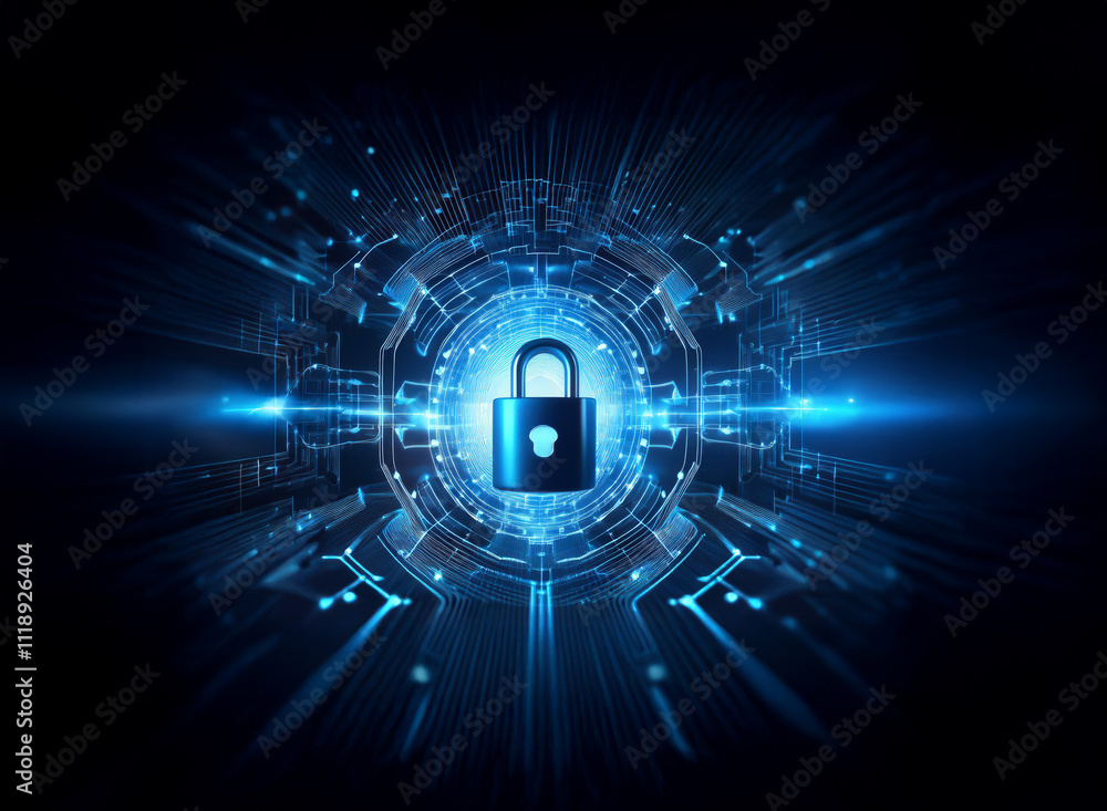 Poster a digital padlock secured within a glowing, circular technological interface. this symbolizes data p
