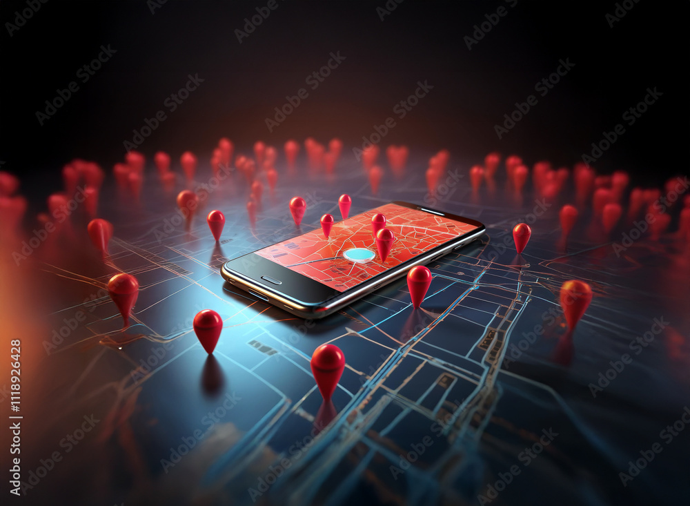 Poster a smartphone displaying a map with numerous red location pins scattered around it, suggesting geoloc