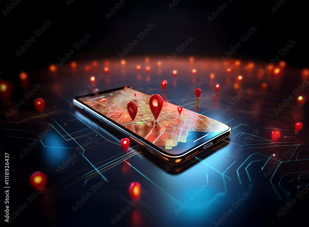 Poster a smartphone displays a map with numerous location markers, illustrating global connectivity and geo