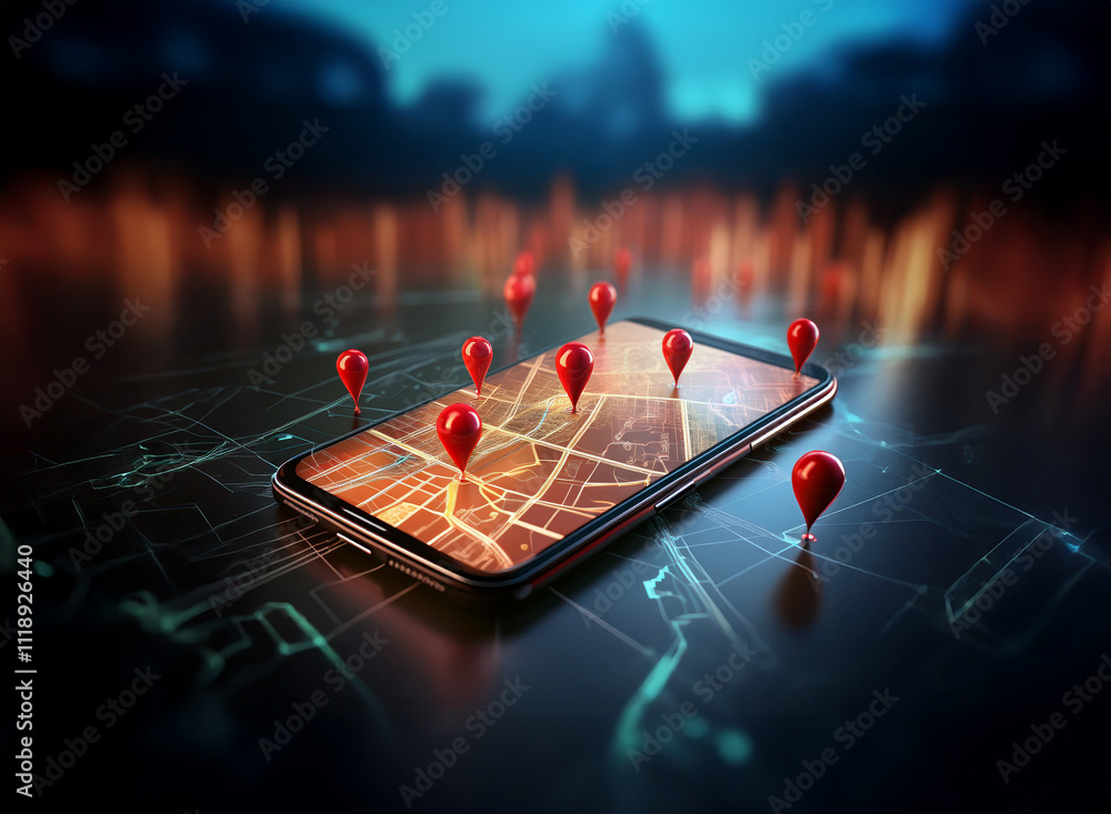 Aufkleber a smartphone displays a city map with numerous red location pins scattered around it, suggesting nav