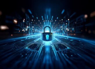 A glowing blue padlock sits at the center of a digital highway, symbolizing cybersecurity and data protection within a complex network.