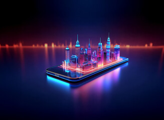 A vibrant, futuristic cityscape rests atop a sleek smartphone, illuminated by neon pink and blue light. The scene reflects on a dark, glossy surface, suggesting a digital or virtual world.