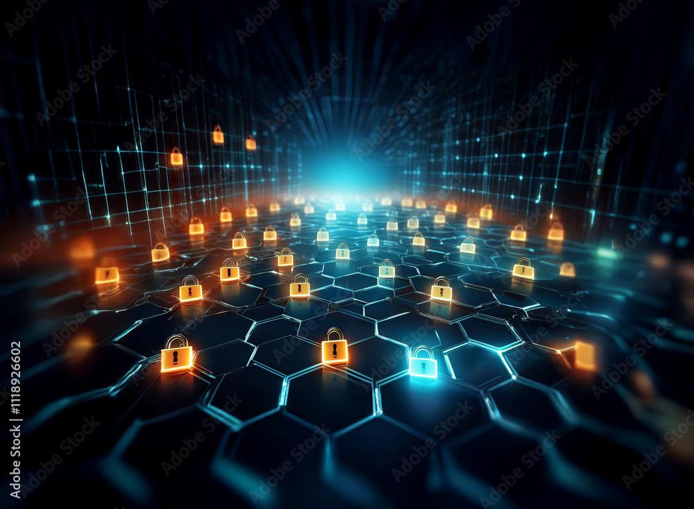 Poster cybersecurity concept: glowing padlocks arranged on a hexagonal grid, representing digital protectio