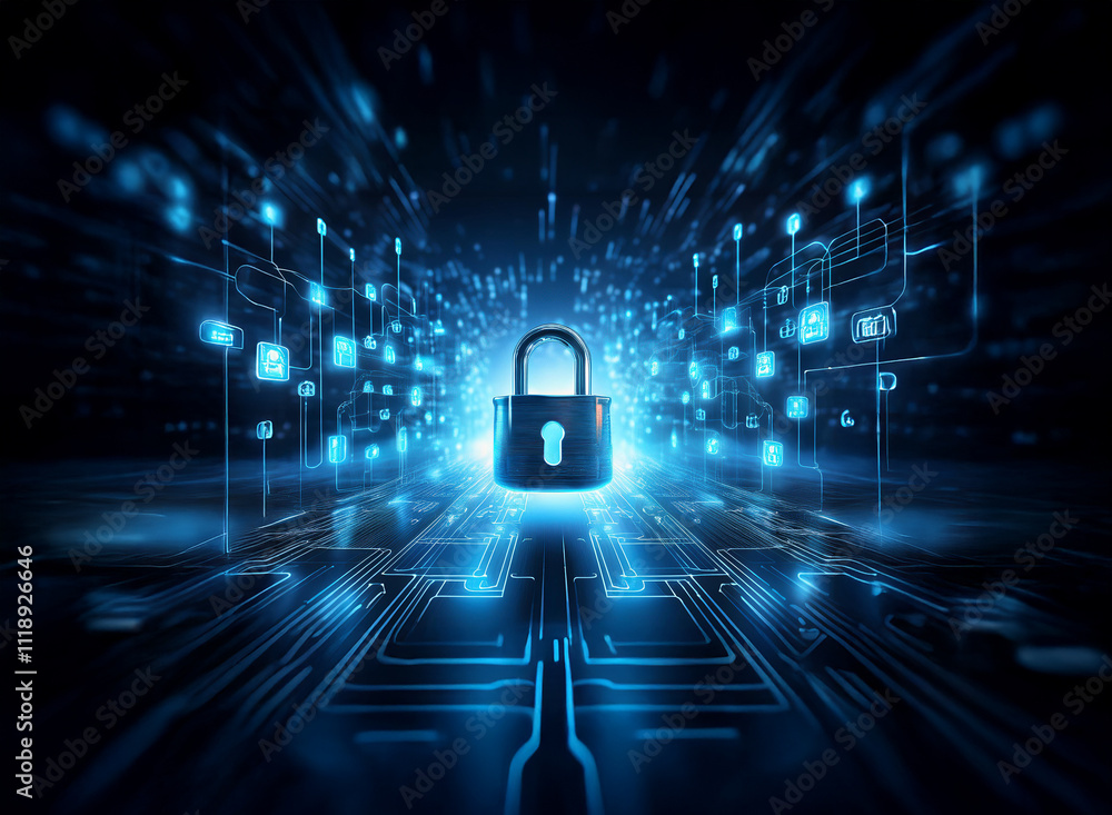 Aufkleber a digital padlock secures a glowing blue circuit board, symbolizing cybersecurity and data protectio