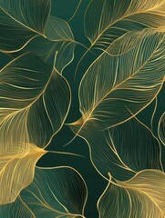 Golden leaves line art background vector. luxury gold abstract wallpaper with earth tone and tidewater green color. Design for prints, Home decoration, fabric and cover design. vector illustration.