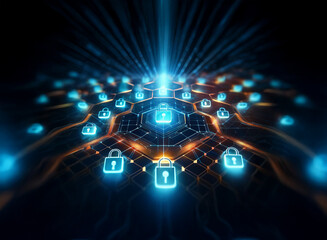 Obraz premium Abstract digital network security concept. Glowing blue padlock icons on a hexagonal grid radiate from a central point, signifying protected data and secure connections.