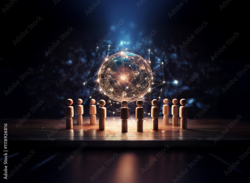Poster a glowing globe of interconnected nodes floats above a circle of wooden figures, symbolizing global 