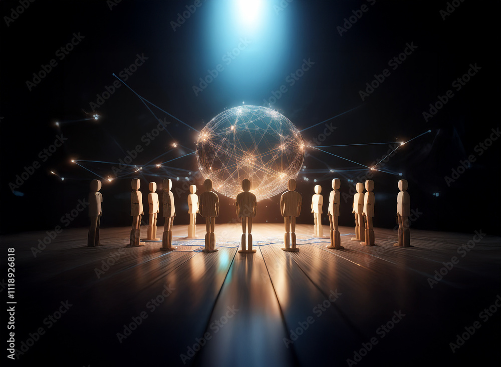 Poster wooden figures surround a glowing, interconnected globe, symbolizing global networking and unity und