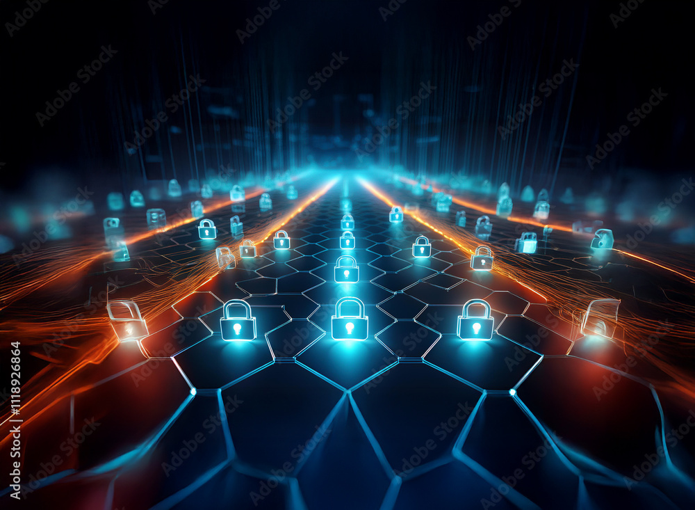 Aufkleber abstract digital landscape with glowing hexagons, representing cybersecurity and data protection. en