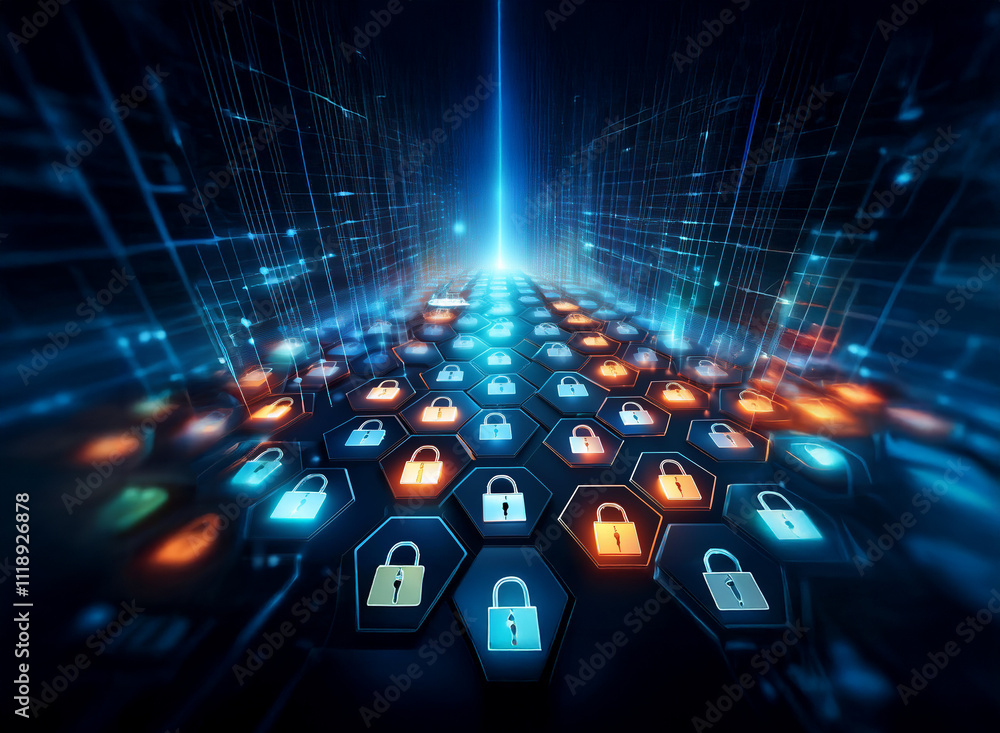 Poster abstract digital landscape with glowing hexagons containing padlock icons, symbolizing cybersecurity