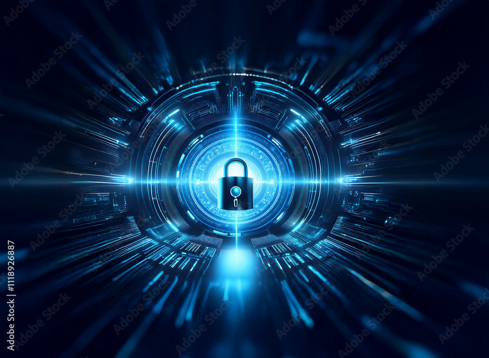 Poster a glowing blue digital sphere safeguards a central padlock, symbolizing data protection and cybersec