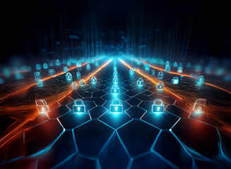 Abstract digital landscape with glowing hexagons, representing cybersecurity and data protection. ...