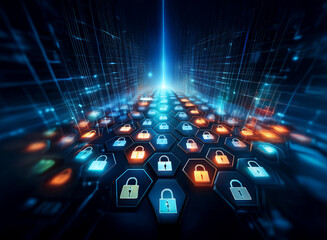 Abstract digital landscape with glowing hexagons containing padlock icons, symbolizing cybersecurity and data protection.  A futuristic, secure network is implied.