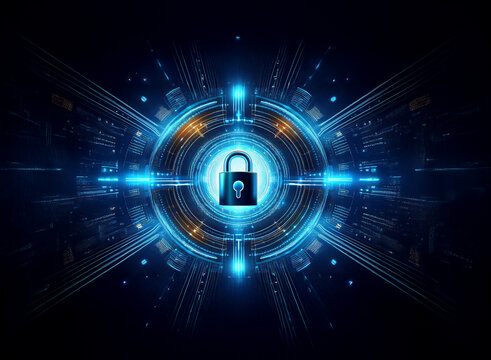 A glowing blue digital padlock sits at the center of a futuristic, circular technological interface.  The design suggests advanced security and data protection.
