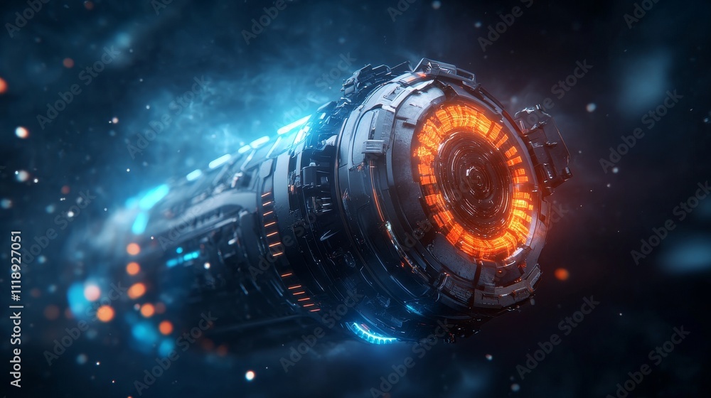 Poster futuristic gadget with vibrant lights in high-tech space setting