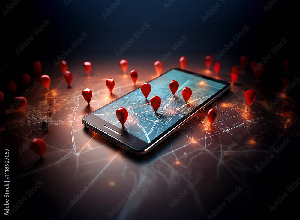 Poster a smartphone displaying a digital map with numerous red location pins scattered around it, illustrat