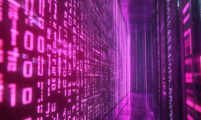 A digital corridor filled with glowing binary code in vibrant colors.
