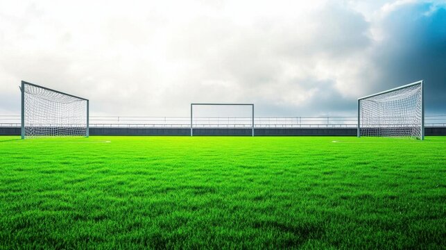 A grassy soccer field with two empty goalposts under a cloudy sky.