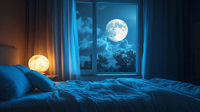 Peaceful moonlight window bedroom, tranquil night pillow dream rest, serene sky relax dark bed, sleepy comfortable cozy, peaceful relaxing quiet.