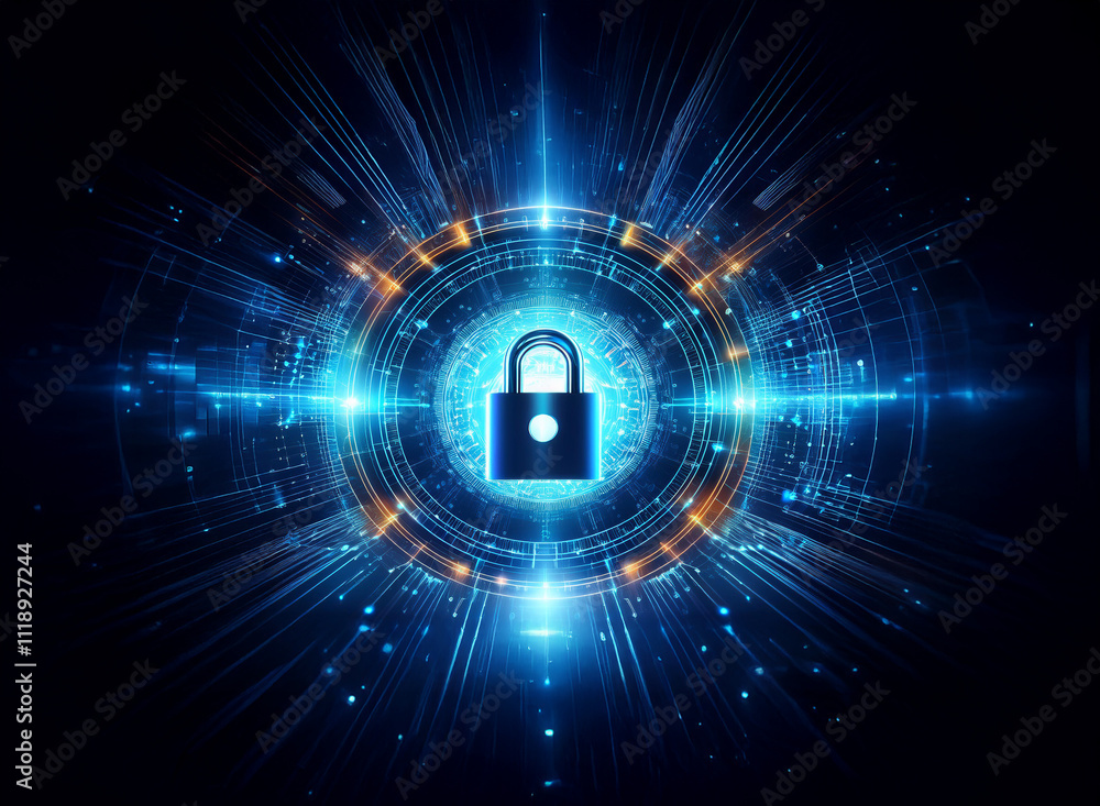 Poster a glowing blue padlock sits at the center of a circular digital interface, representing cybersecurit