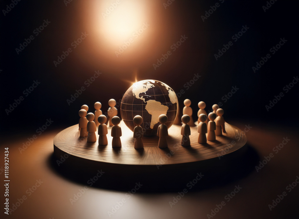 Poster a glowing globe sits at the center of a circular wooden platform, surrounded by small wooden figures