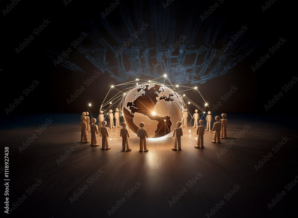Poster global network connecting people around illuminated earth. digital connections, symbolizing unity an