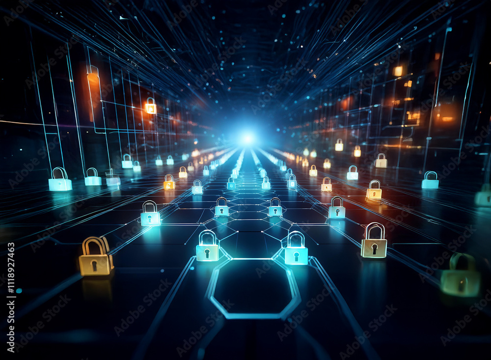 Poster abstract digital tunnel glowing with numerous padlocks, representing cybersecurity and data protecti
