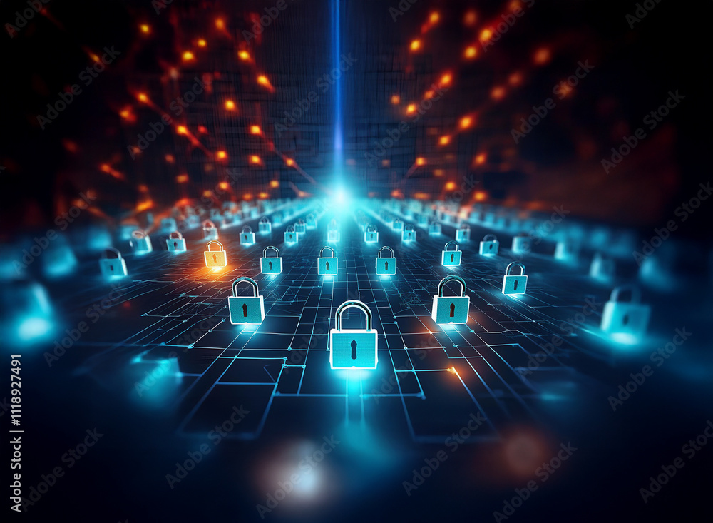 Aufkleber cybersecurity concept: a digital landscape of glowing padlocks converging towards a bright light sou