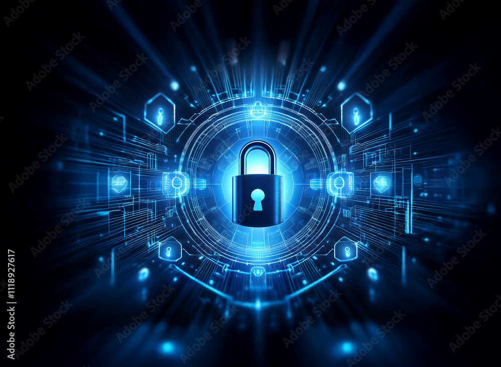 Poster a digital padlock at the center of a glowing blue circular interface, surrounded by futuristic techn