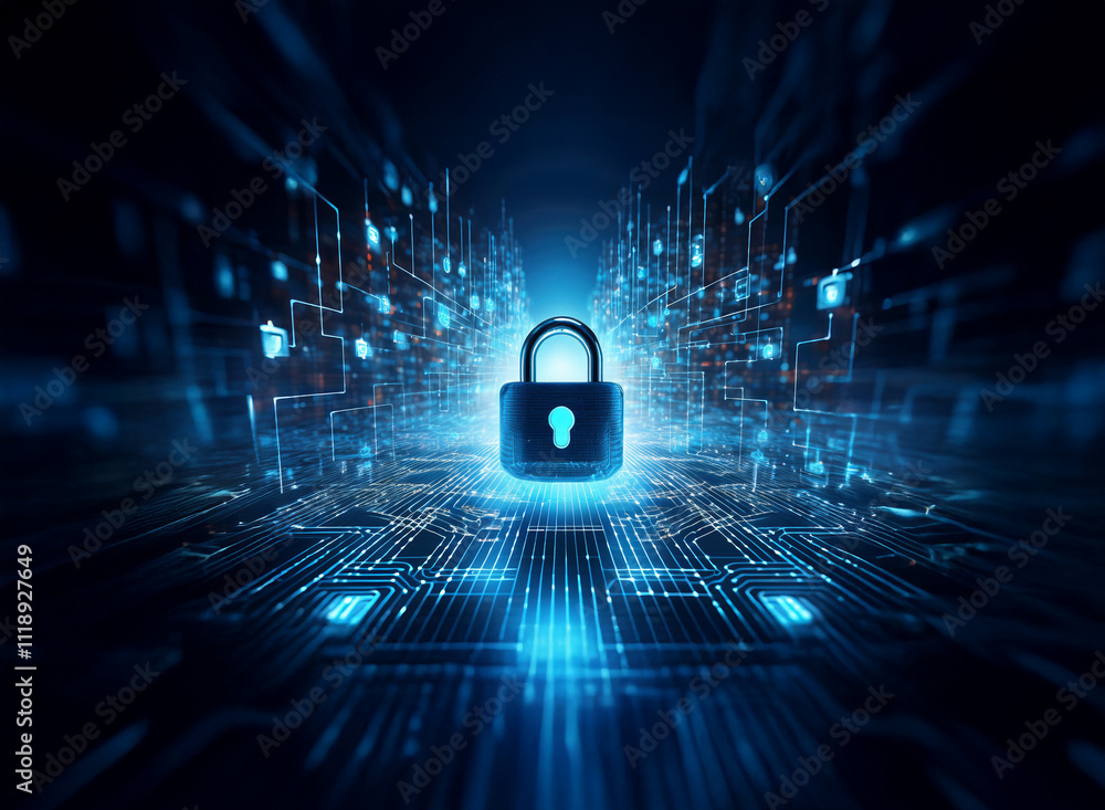 Poster a glowing padlock sits at the center of a digital circuit board, representing cybersecurity and data