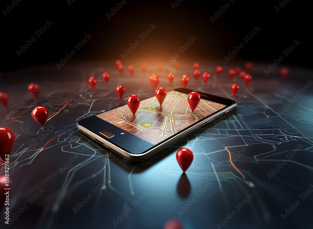 Poster a smartphone displays a map with numerous red location markers, illustrating gps navigation and geol