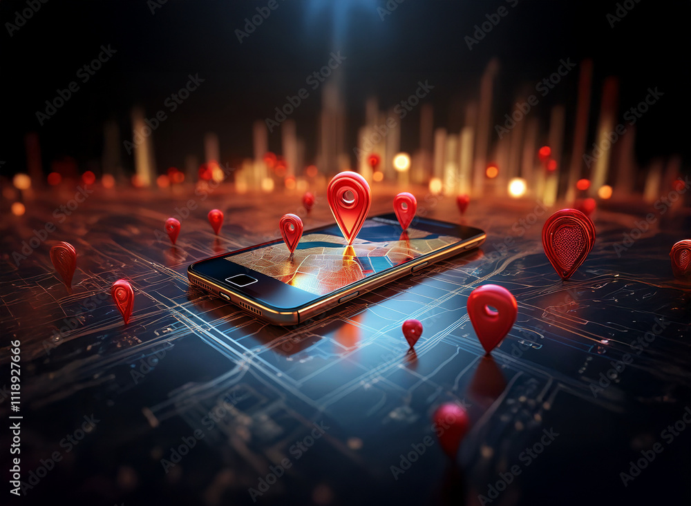 Poster a smartphone displays a digital map with numerous red location markers scattered around it, represen