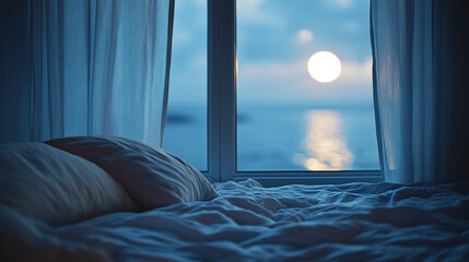 Tranquil moonlight window bedroom, serene night blanket insomnia awake, restless sleepless curtain peaceful pillow, cozy comfortable relaxing, dreamy quiet soothing.