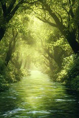 Obraz premium Serene forest scene with a tranquil river illuminated by sunlight.